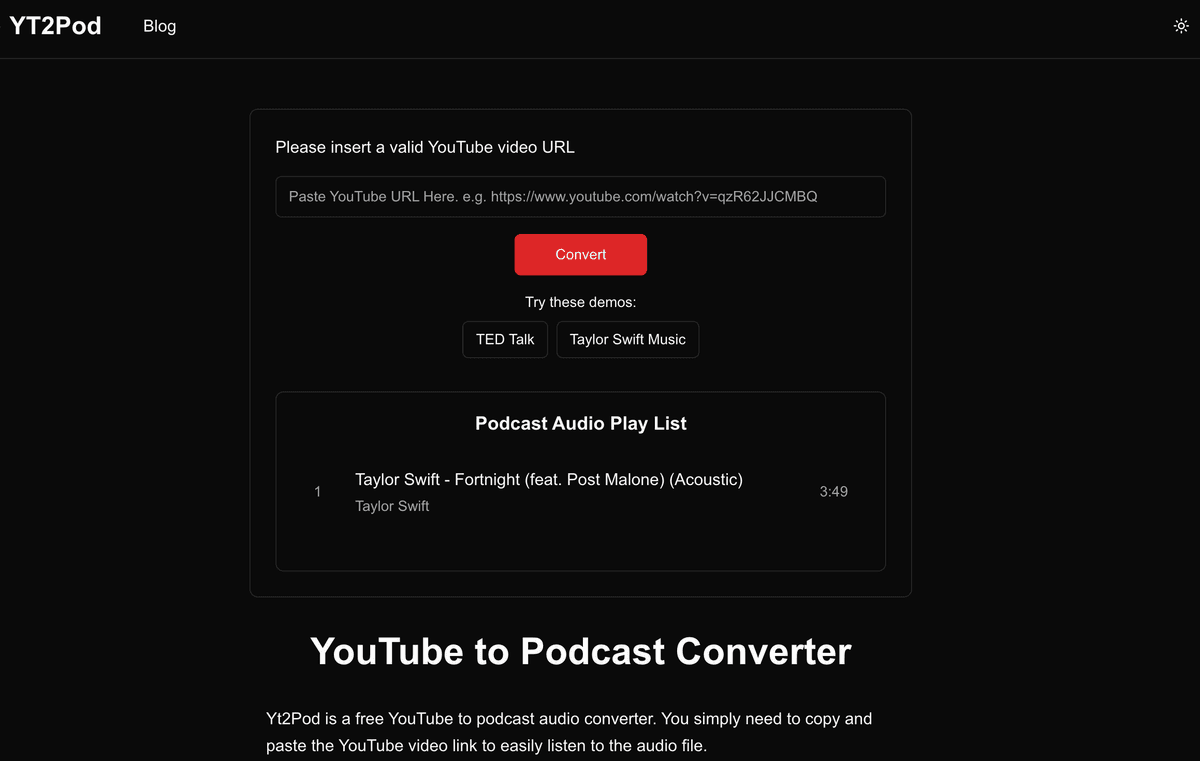Yt2Pod, Youtube Video to Podcast Audio Converter